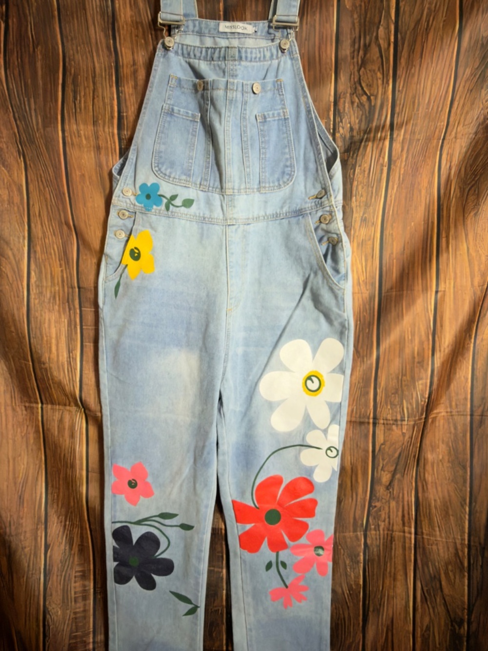 MISSLOOK Floral Denim Overalls Large Light Wash Straight Leg Y2K Cottagecore - Picture 2 of 16